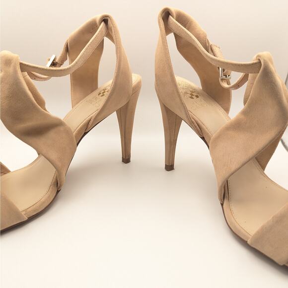 Vince Camuto Kalinte Biscuit Beige Suede Open Toe Ankle Strap Heels Size 8.5 - Picture 3 of 9